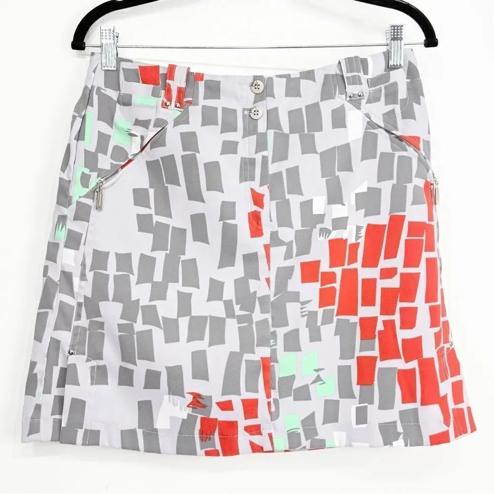 Jamie Sadock Gray Red Geometric Rectangular Print Gold Athletic Athleisure Skirt